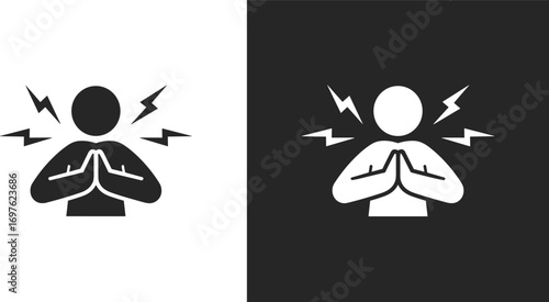 Person Praying With Lightning Bolts Icon on White and Black Backgrounds prayer meditation