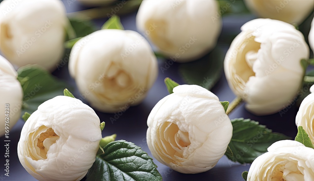 Fototapeta premium Close-up of many small, delicate, white peonies on a dark background
