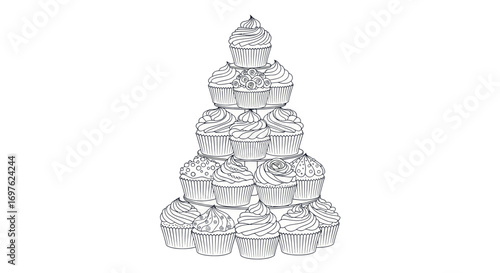 Cupcake mountain: Delightful hand-drawn stack of diverse cupcakes perfect for coloring pages