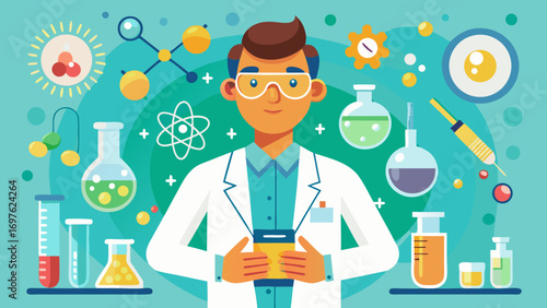 Scientist in lab coat surrounded by scientific symbols and equipment