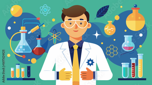 Scientist in lab coat with chemistry equipment and abstract symbols