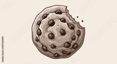Delicious chocolate chip cookie with a bite taken off on a neutral background artwork