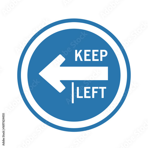 A blue circular mandatory traffic sign instructing drivers to 'Keep Left', featuring a large white directional arrow.