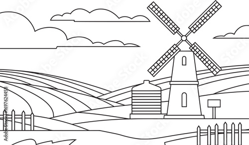 Scenic Countryside Landscape with Windmill Farm Vector Line Art Illustration