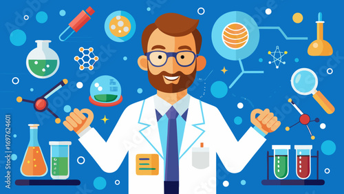Scientist in lab coat surrounded by scientific equipment and molecules