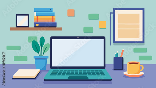 Modern home office setup with laptop and coffee