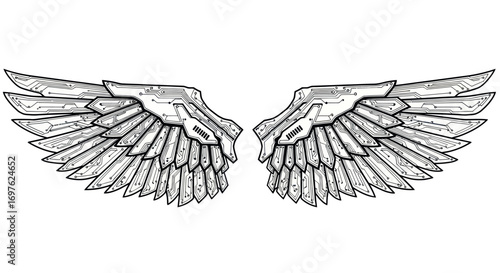 Detailed line art illustration of mechanical wings with circuit board design aesthetic