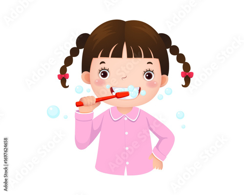 Cute cartoon girl with pigtails in pink pajamas brushing her teeth. Vector illustration for children's dental care and daily hygiene routine