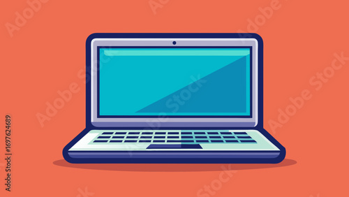Modern laptop computer with bright blue screen on orange background