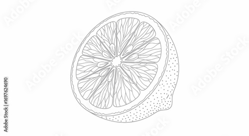 Detailed line drawing of a cut lemon featuring its inner structure in grayscale