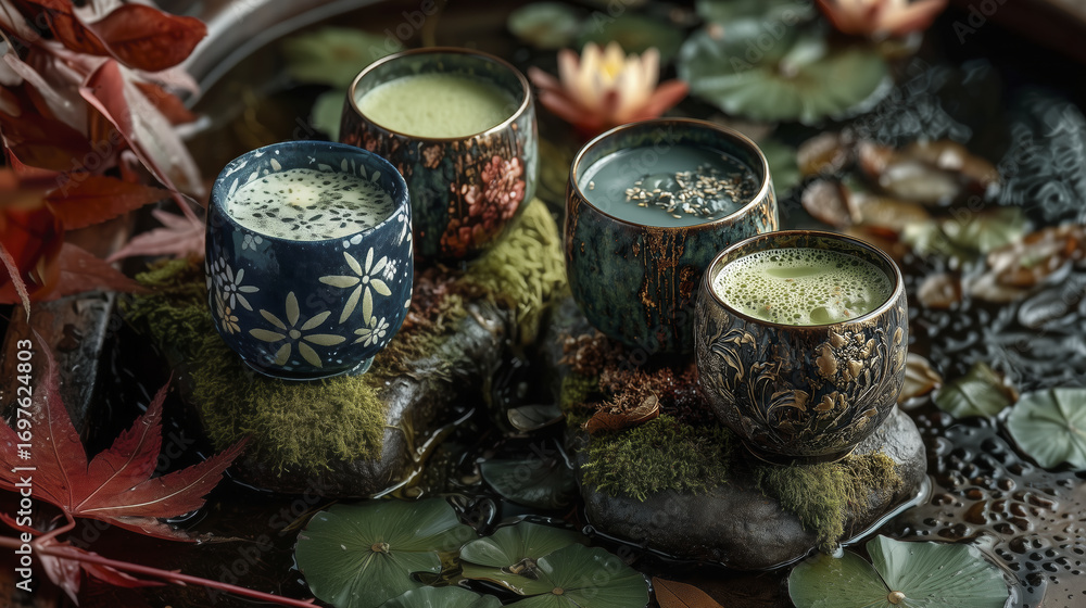 Fototapeta premium Serene arrangement of four beautifully crafted tea cups filled with vibrant green tea, resting moss covered stones amidst floating lotus flowers and lily pads. tranquil setting evokes sense