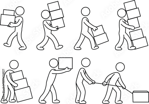 Stick Figure People Carrying and Moving Boxes and Packages Keywords: stick figure, person, people, carrying, moving, boxes