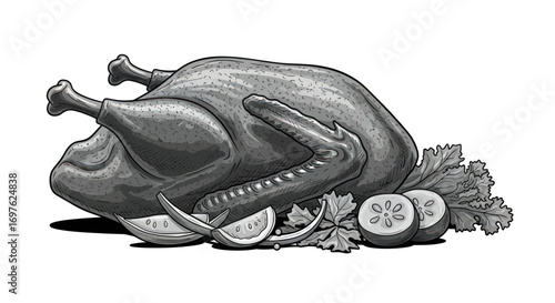 Detailed monochrome rendering of a roasted fowl with citrus and leafy garnish, perfect for