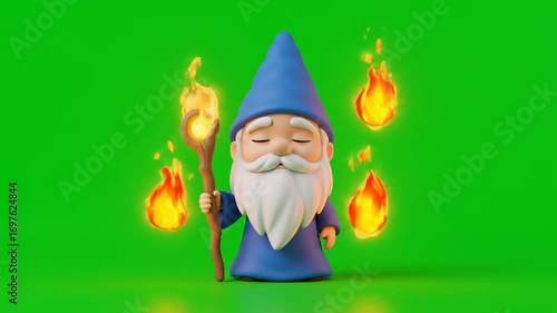 Enchanting Wizard with Magical Flames on a Green Background.