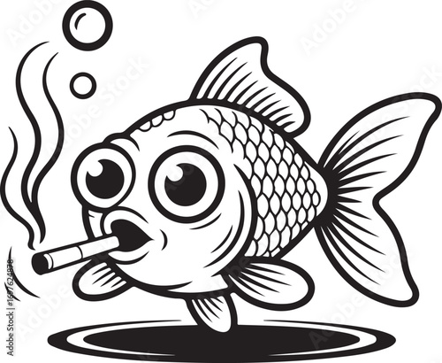 A cartoon fish with big eyes smoking a cigarette with bubbles above and a black shadow below it vector graphic.