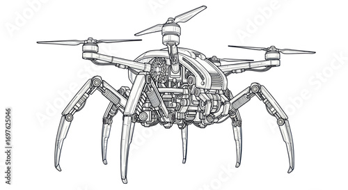 Detailed sketch showcasing a futuristic arachnid drone with intricate mechanical parts and rotors