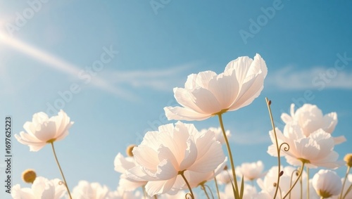 Delicate white flowers blooming under a clear blue sky