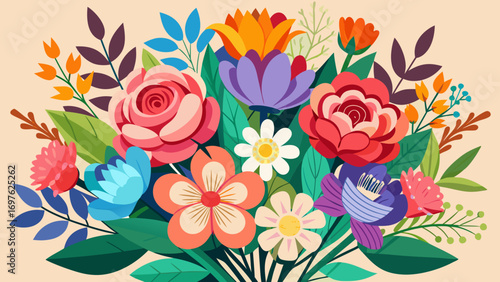 Vibrant flat design floral arrangement with diverse flowers and leaves