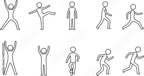 Ten Outline Icons of Stick Figures in Various Poses and Movements silhouette person