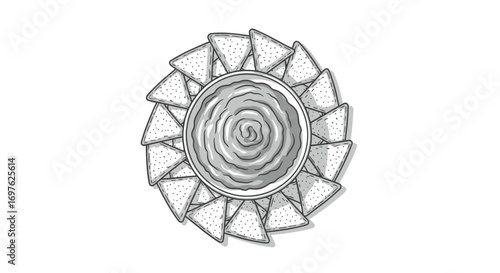 Elegant monochromatic illustration showcasing a tempting platter of nachos and dip delight
