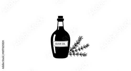 Elegant monochrome olive oil bottle with aromatic rosemary sprigs illustration