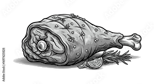 Elegant monochrome rendering of a roasted meat with decorative rosemary arrangement