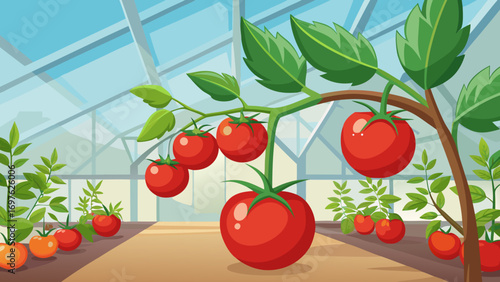 Ripe tomatoes growing in a sunny greenhouse