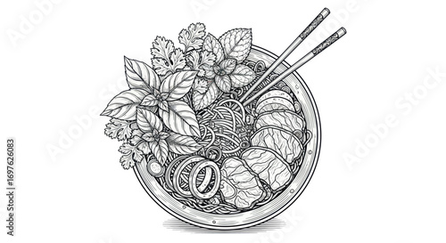 Exquisite ink illustration of asian noodle soup with herbs and slices of meat creating a delicious