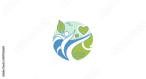 Holistic wellbeing symbol with nature elements and stylized human silhouette inside circle shape
