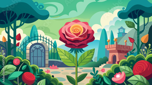 Enchanted garden with giant rose and castle