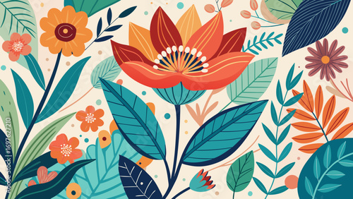 Vibrant abstract floral pattern with bold colors and leafy elements