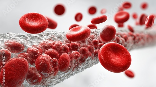 World Thrombosis Day, 3D medical illustration of blood clot formation inside a vein, red blood cells and platelets sticking together, photorealistic scientific visualization
