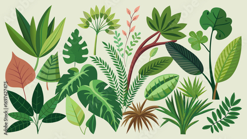 A vibrant collection of tropical leaves and plants in various shades of green