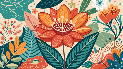 Vibrant abstract floral pattern with orange and teal hues