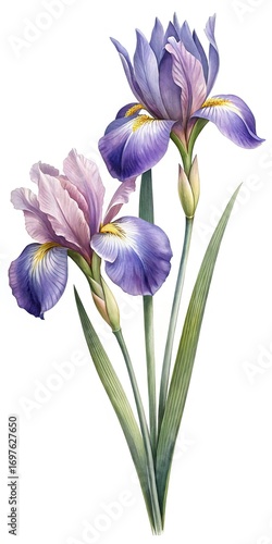 Two beautiful Iris flowers, showcasing lavender, purple and yellow colors in fine detail