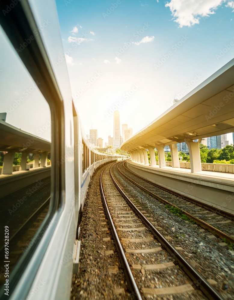 Fototapeta premium View of city skyline through a window of a train, travel concept