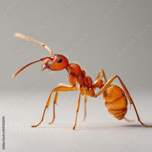 A fire ant standing tall slightly angled side view.