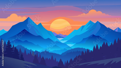 Vibrant mountain landscape at sunrise with a fiery sky