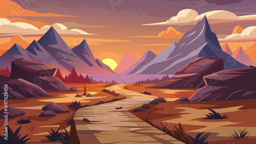 Vibrant sunset over mountain lake and desert landscape