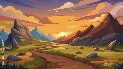 Serene mountain landscape at sunset with winding path