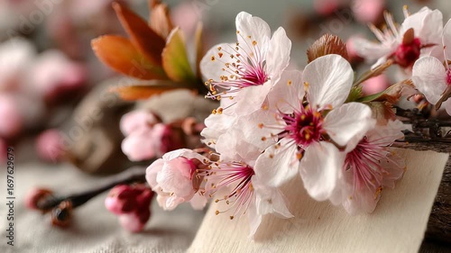 Delicate Pink Cherry Blossoms in Full Bloom, Close-Up Macro Shot on a Textured Background, Springtime Floral Still Life