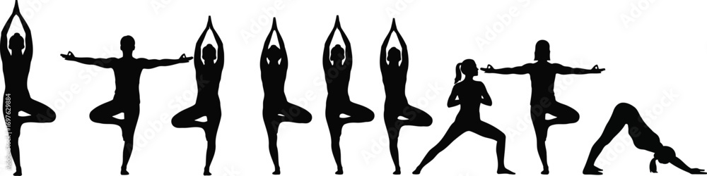 Fototapeta premium Silhouette of a woman in various yoga poses, demonstrating flexibility and balance