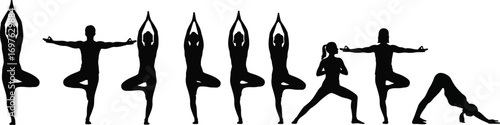 Silhouette of a woman in various yoga poses, demonstrating flexibility and balance