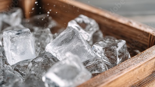 Close-up macro shot of ice cubes floating in clear cold water inside a wooden ice bath, frosty textures, sharp details, crystal clarity, photorealistic wellness theme 