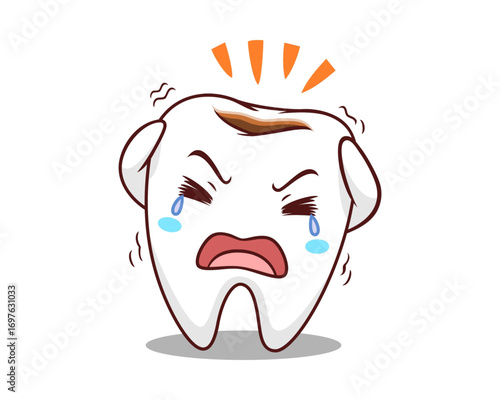 Vector illustration of a cute but unhappy cartoon tooth character crying from the intense pain of a dental cavity and tooth decay