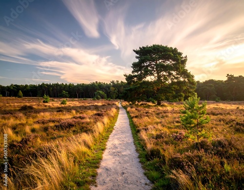A scenic path through a golden heath at sunset