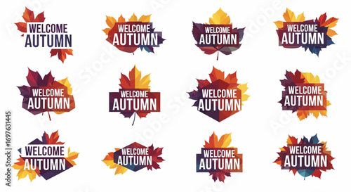 Collection of welcome autumn sign designs featuring colorful geometric leaf and text elements, ideal for fall season promotions
