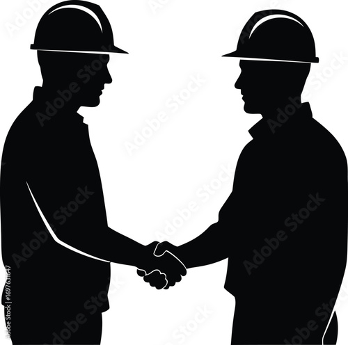 Silhouette of two construction workers in hard hats shaking hands, symbolizing teamwork