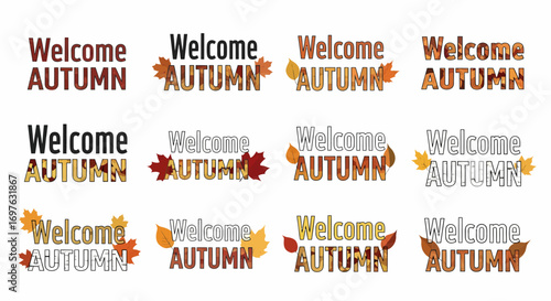 Creative typography collection featuring a welcome autumn sign in various styles with seasonal leaf decorations for greeting cards and banners