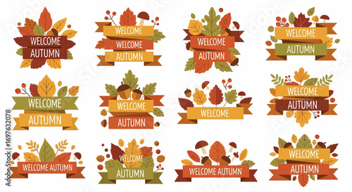 Set of Welcome Autumn Signs Vibrant Ribbons with Leaves and Text for Seasonal Greetings